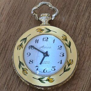 Vintage Gold Tone Arnex 17 Jewel Swiss Movement Enameled Watch Pendant